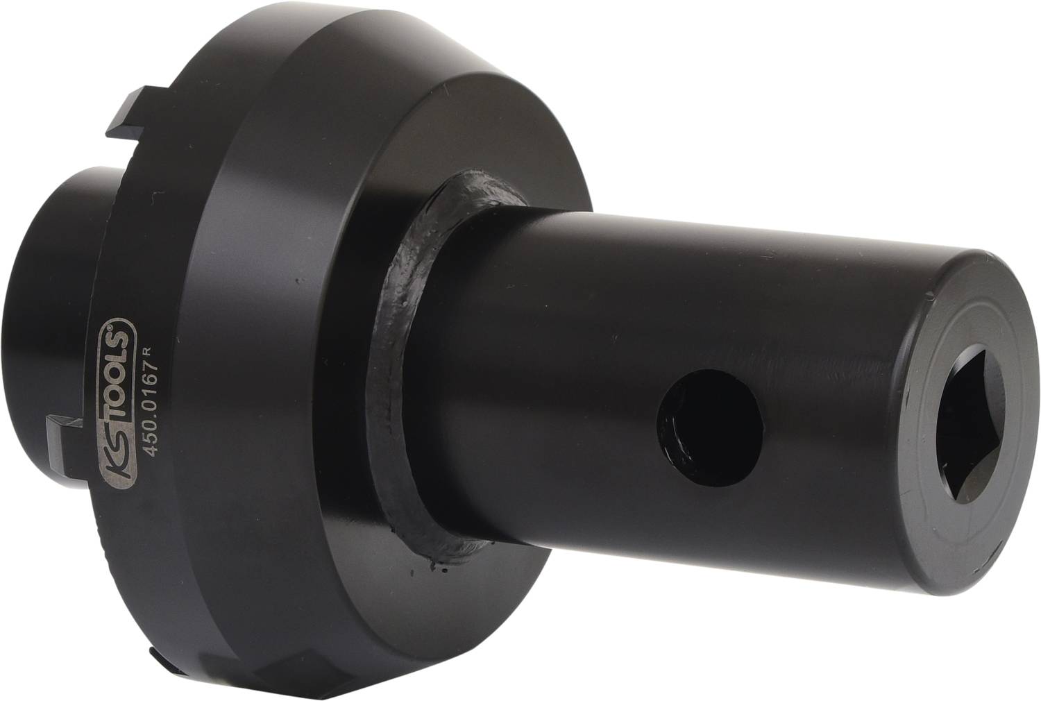 Ein schwarzes Werkzeugteil mit zylindrischem Schaft und einer breiteren Basis, wahrscheinlich ein Adapter oder Verbinder.