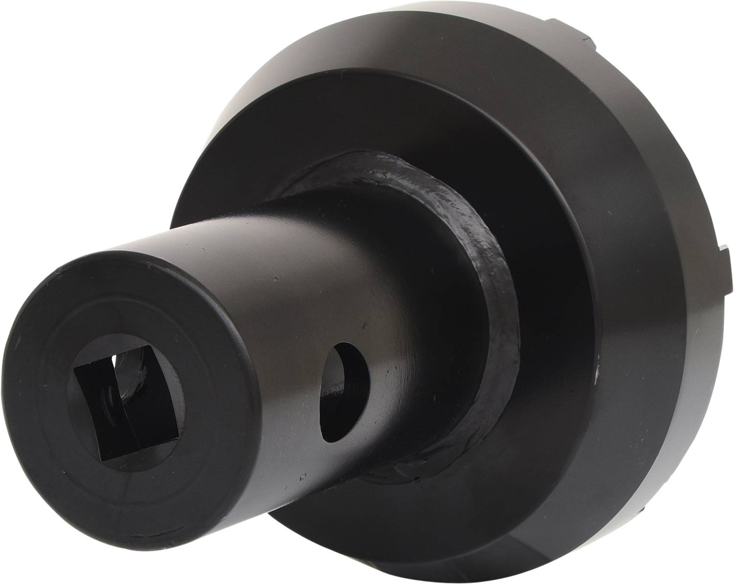 Ein schwarzer zylindrischer Adapter mit quadratischer Öffnung an der Vorderseite, verwendet als Werkzeugbefestigung in Maschinen.
