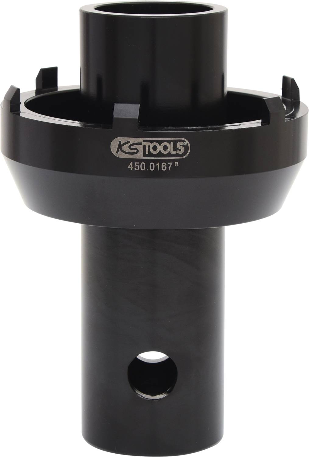 Schwarzes Werkzeugteil aus Metall mit der Aufschrift 'KS TOOLS 450.0167'. Zylinderform mit breiterem oberen Rand und Loch unten.