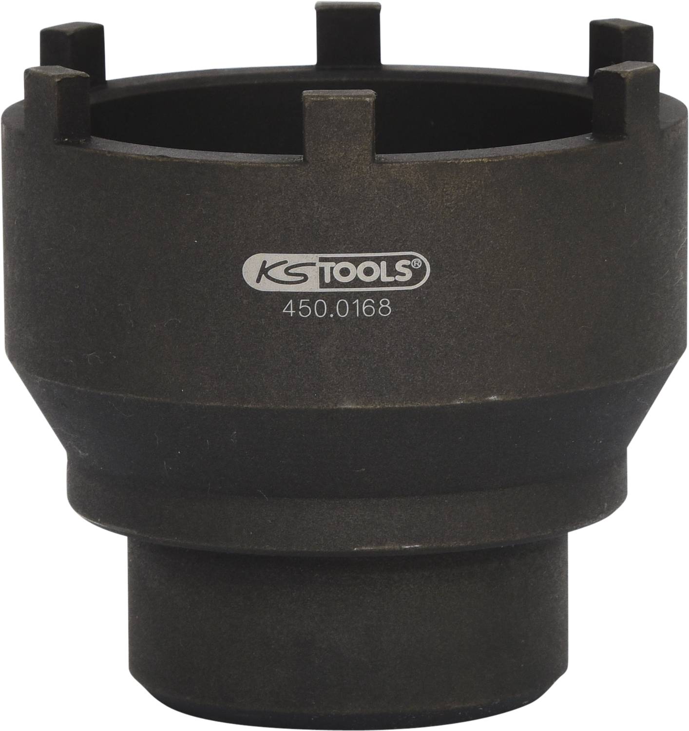 Ein schwarzer Zylinder-Werkzeugkopf mit der Aufschrift 'KS TOOLS 450.0168'. Das Werkzeug hat mehrere Einkerbungen am oberen Rand.