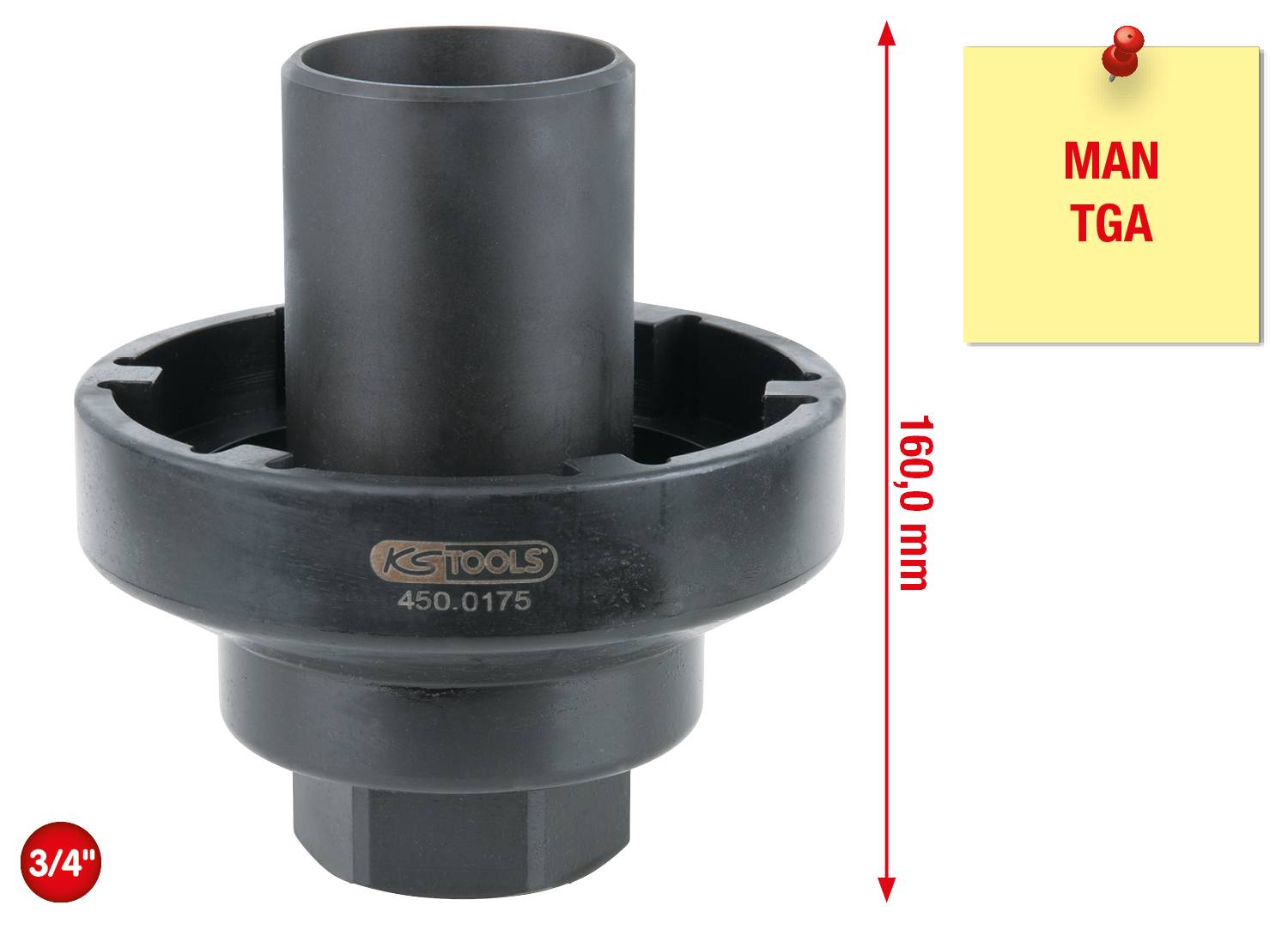 'KS Tools 450.0175', schwarzes Werkzeugteil, Durchmesser 160 mm, passend für MAN TGA, rote 3/4 Zoll-Markierung links unten.