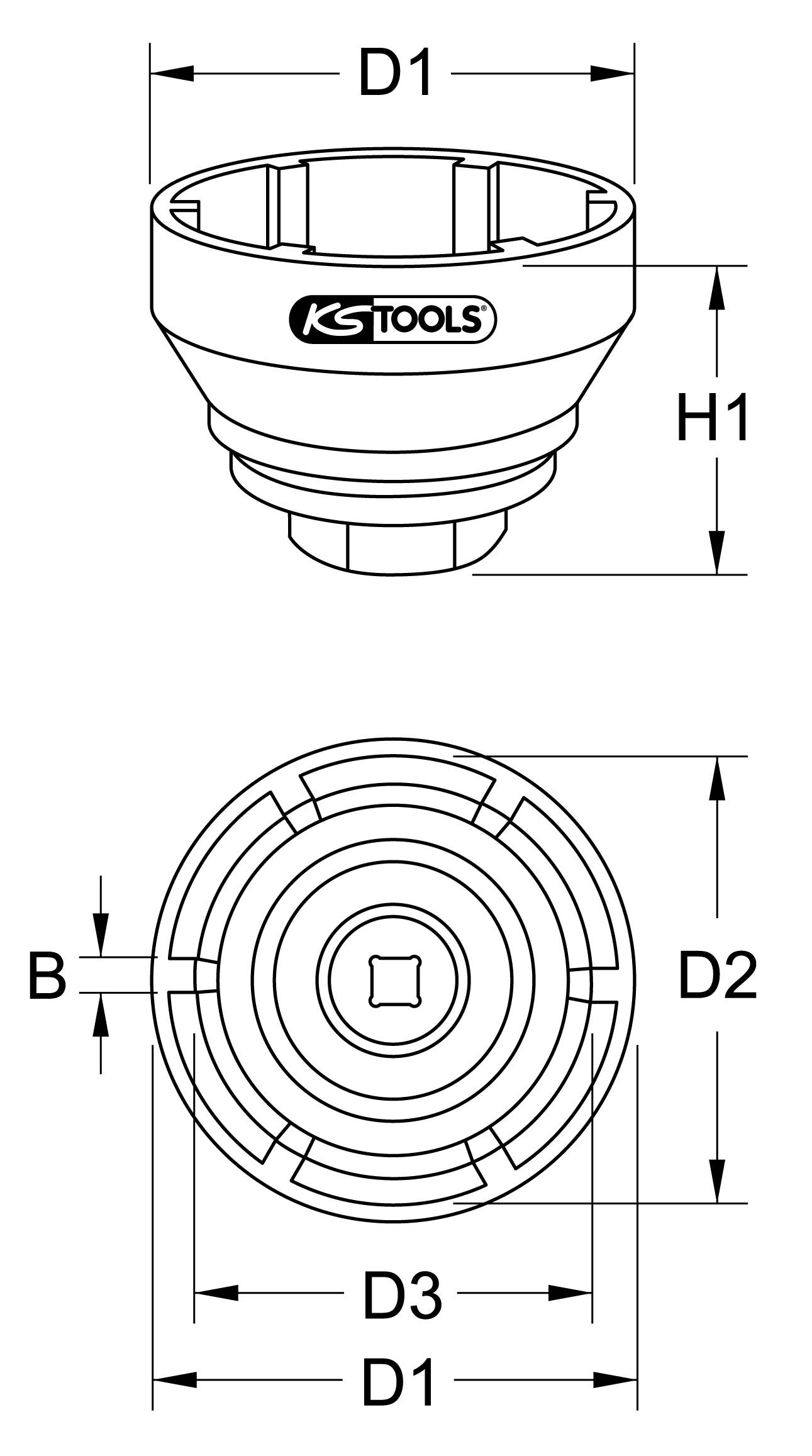 Technische Zeichnung eines Werkzeugs von KS Tools mit Maßen. Oben: Totale Ansicht. Unten: Seitenansicht. Bezeichnete Teile: D1, D2, D3, H1, B.