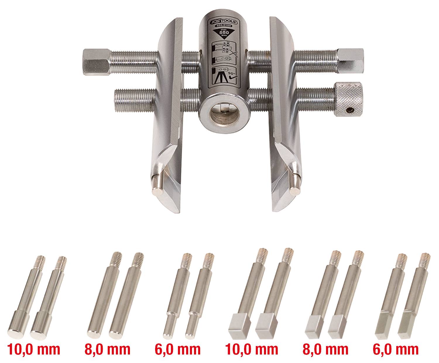 'Einstellbarer Abzieher mit verschiedenen Spannbacken von 6,0 mm bis 10,0 mm, ideal zum Entfernen von Lagern in unterschiedlichen Größen.'