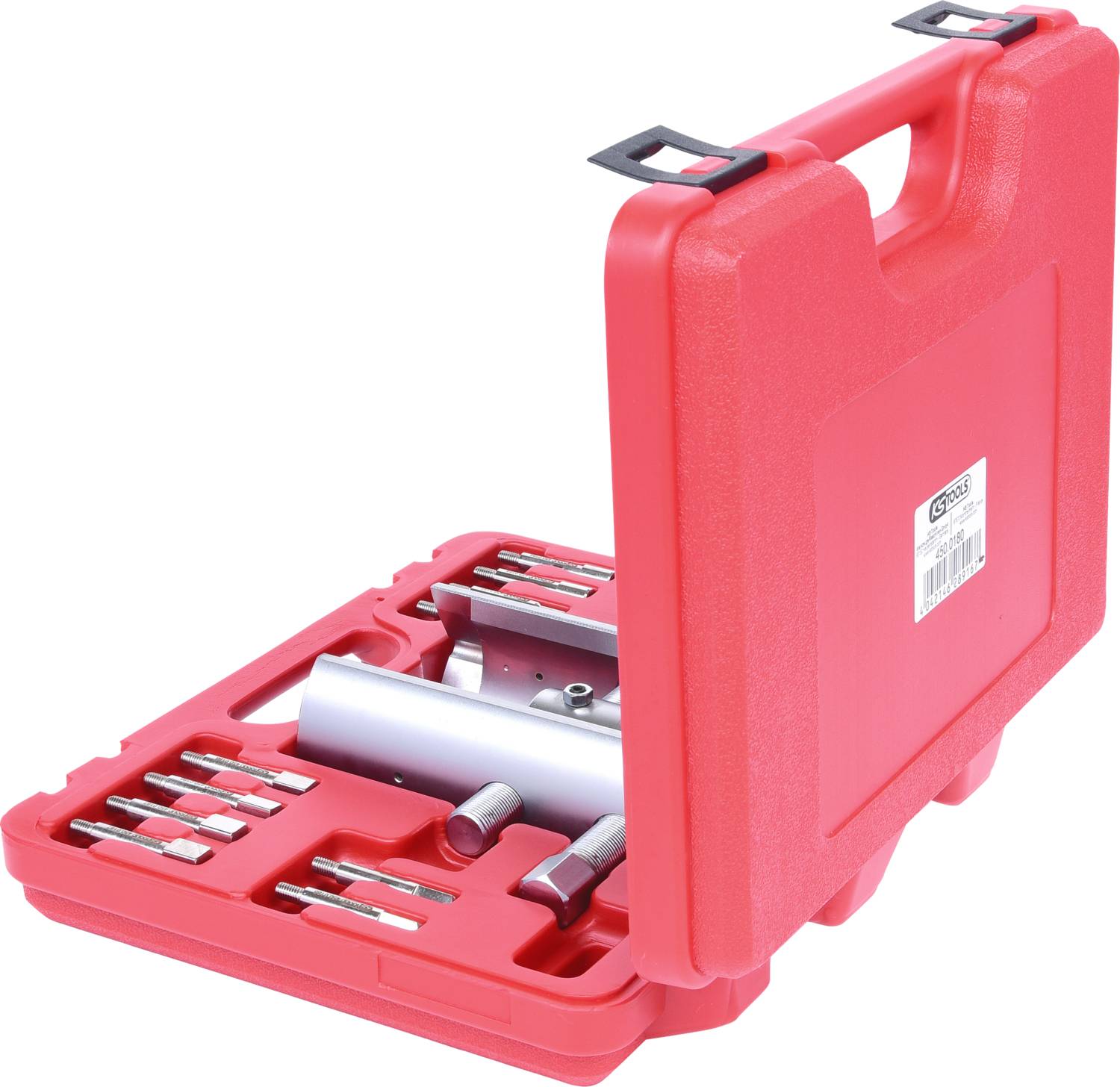 Ein roter Werkzeugkoffer mit verschiedenen Metallwerkzeugen, darunter Bohrköpfe und Adapter, ordnungsgemäß in vorgeformten Fächern angeordnet.