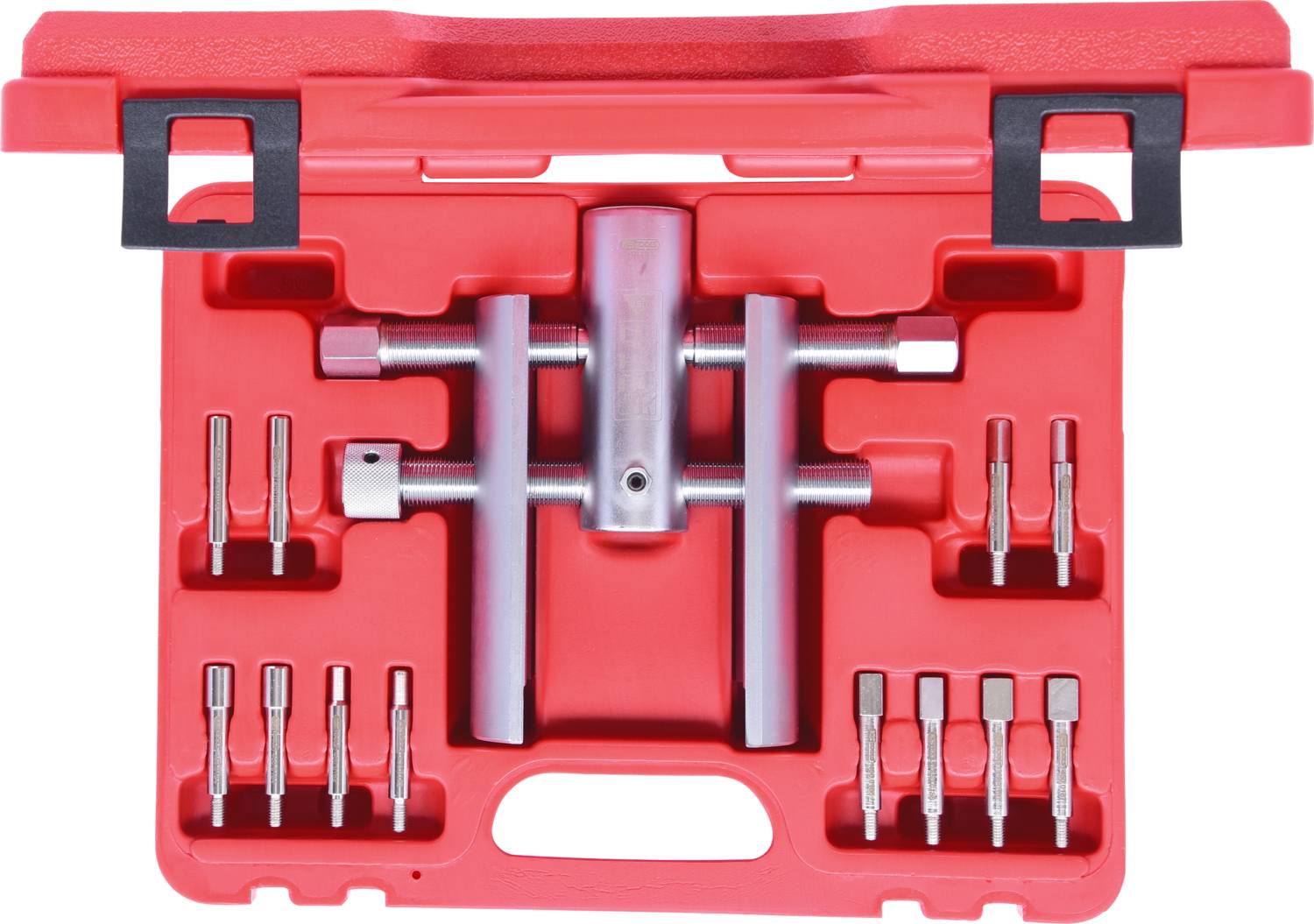 Roter Plastik-Werkzeugkasten mit diversen metallischen Bit-Aufsätzen und Schraubwerkzeugen, symmetrisch angeordnet.