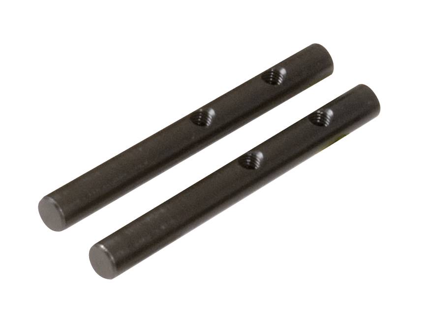 Zwei schwarze Metallstangen mit jeweils zwei seitlichen Löchern.