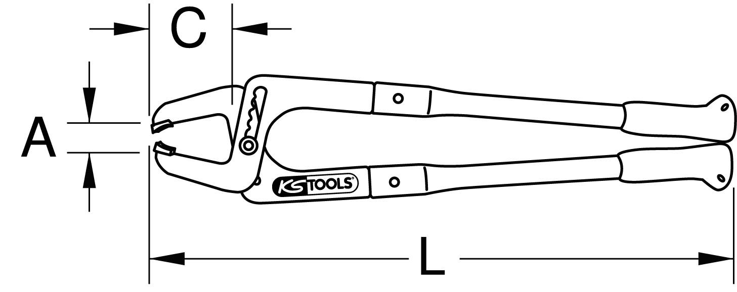 Zange mit den Maßen: A=Spannweite, C=Klemmbreite, L=Gesamtlänge. Beschriftet mit 'KS TOOLS'.