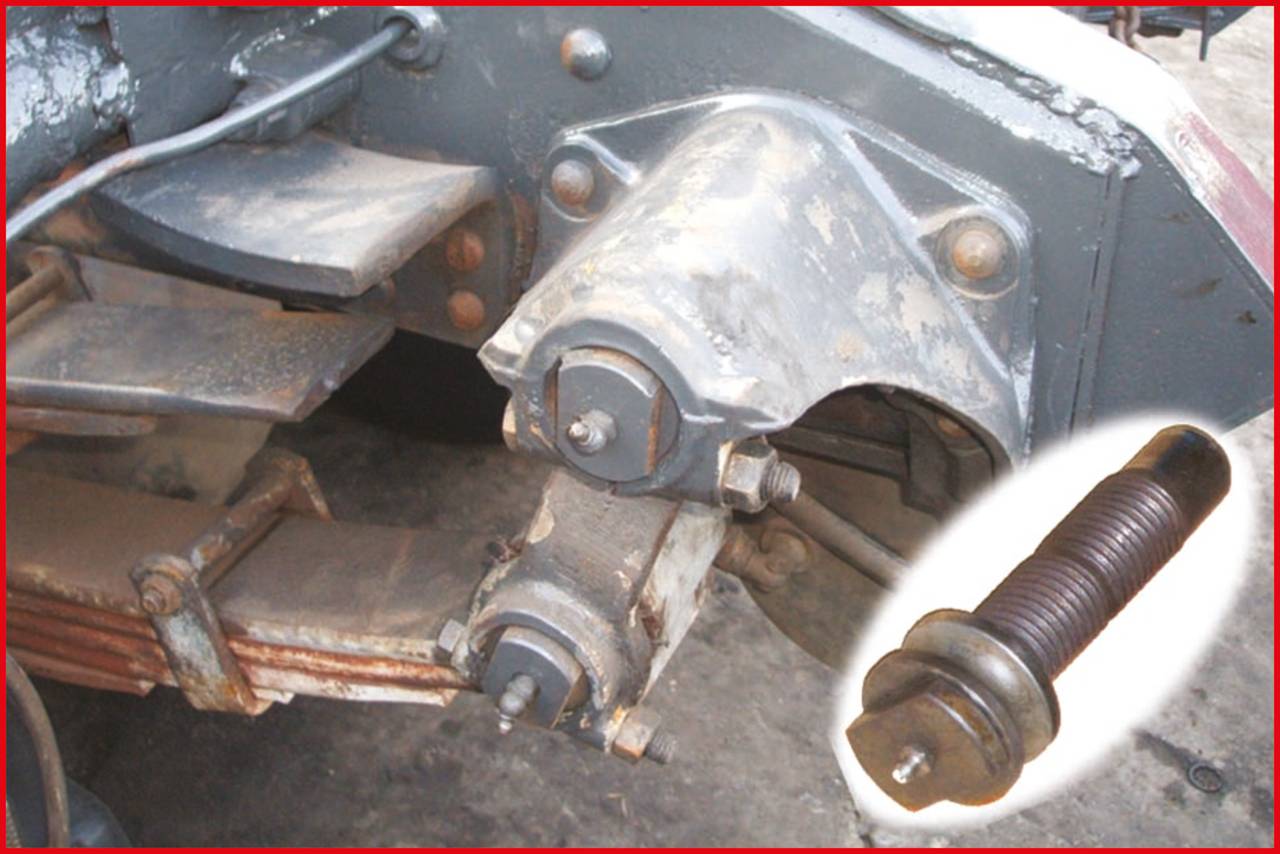 Ein abgenutztes mechanisches Teil einer Maschine, mit einem hervorgehobenen, separaten Bild eines Schraubenbolzens rechts unten.