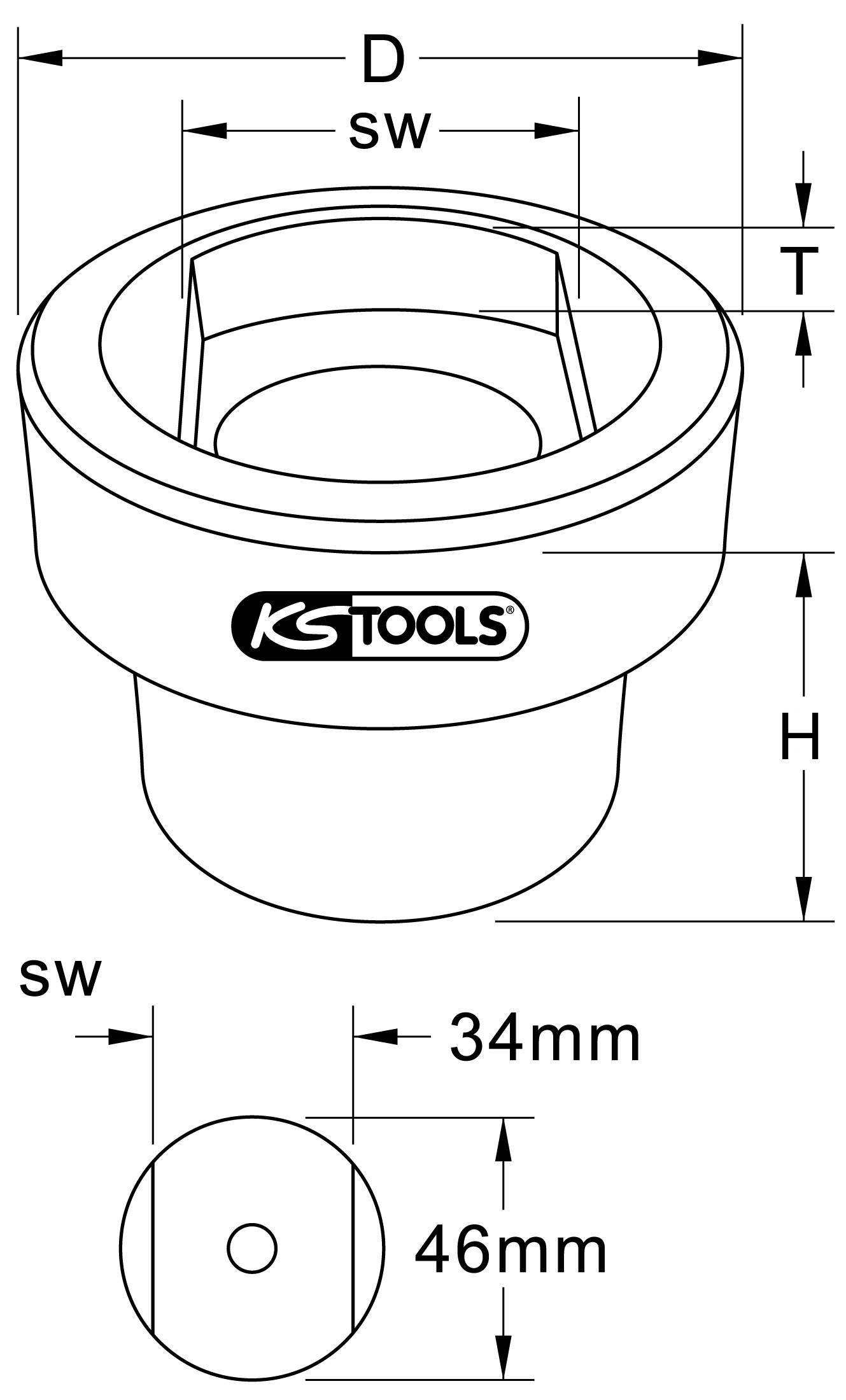 Illustration einer KS Tools Stecknuss mit den Maßen: Durchmesser 46mm, Innenbreite 34mm, Höhe H und Tiefe T gekennzeichnet.