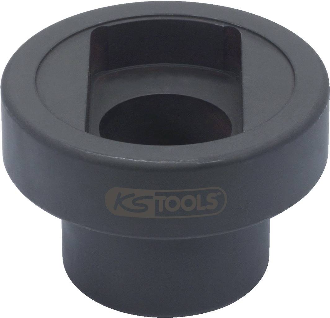 Schwarzer, zylindrischer Werkzeugaufsatz mit quadratischer Öffnung und 'KS TOOLS'-Logo, verwendet für mechanische Anwendungen.