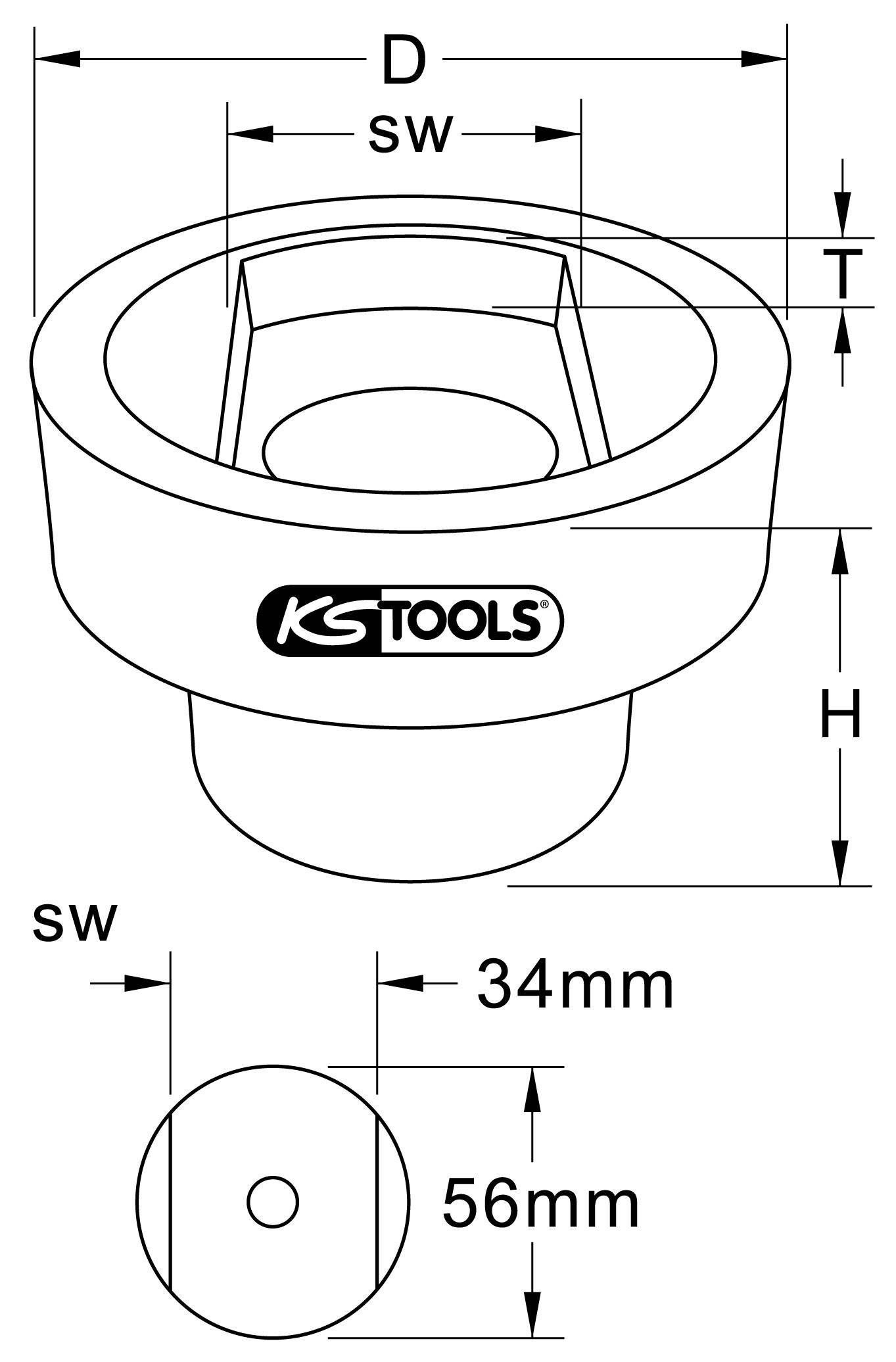Technische Zeichnung eines Steckschlüssels von KS Tools. Maße: Öffnung 34 mm, Außendurchmesser 56 mm.