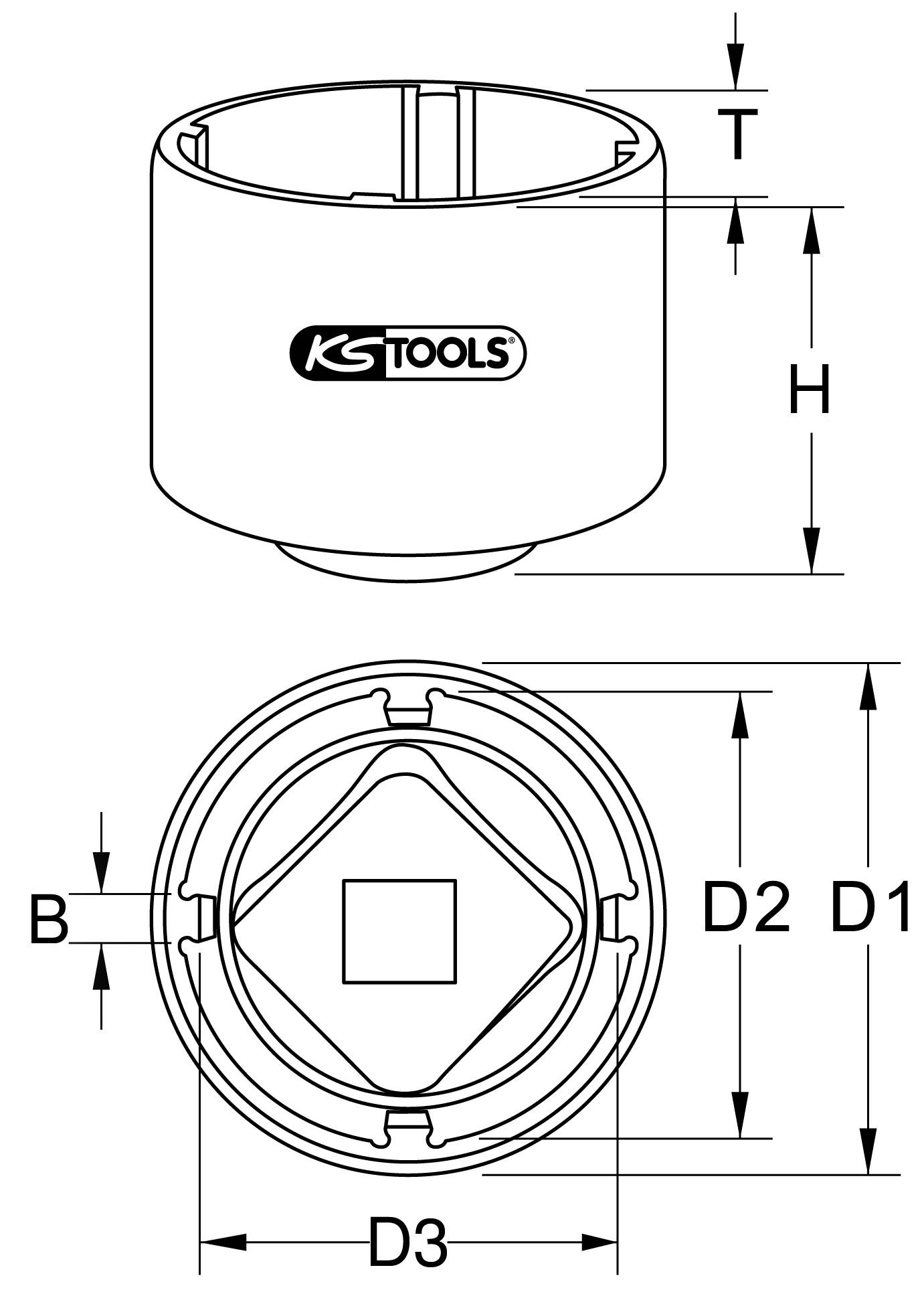 Technische Zeichnung einer runden Werkzeugbuchse von KSTools mit Maßen: Durchmesser D1, D2, D3, Höhe H, Breite B und Tiefe T angezeigt.