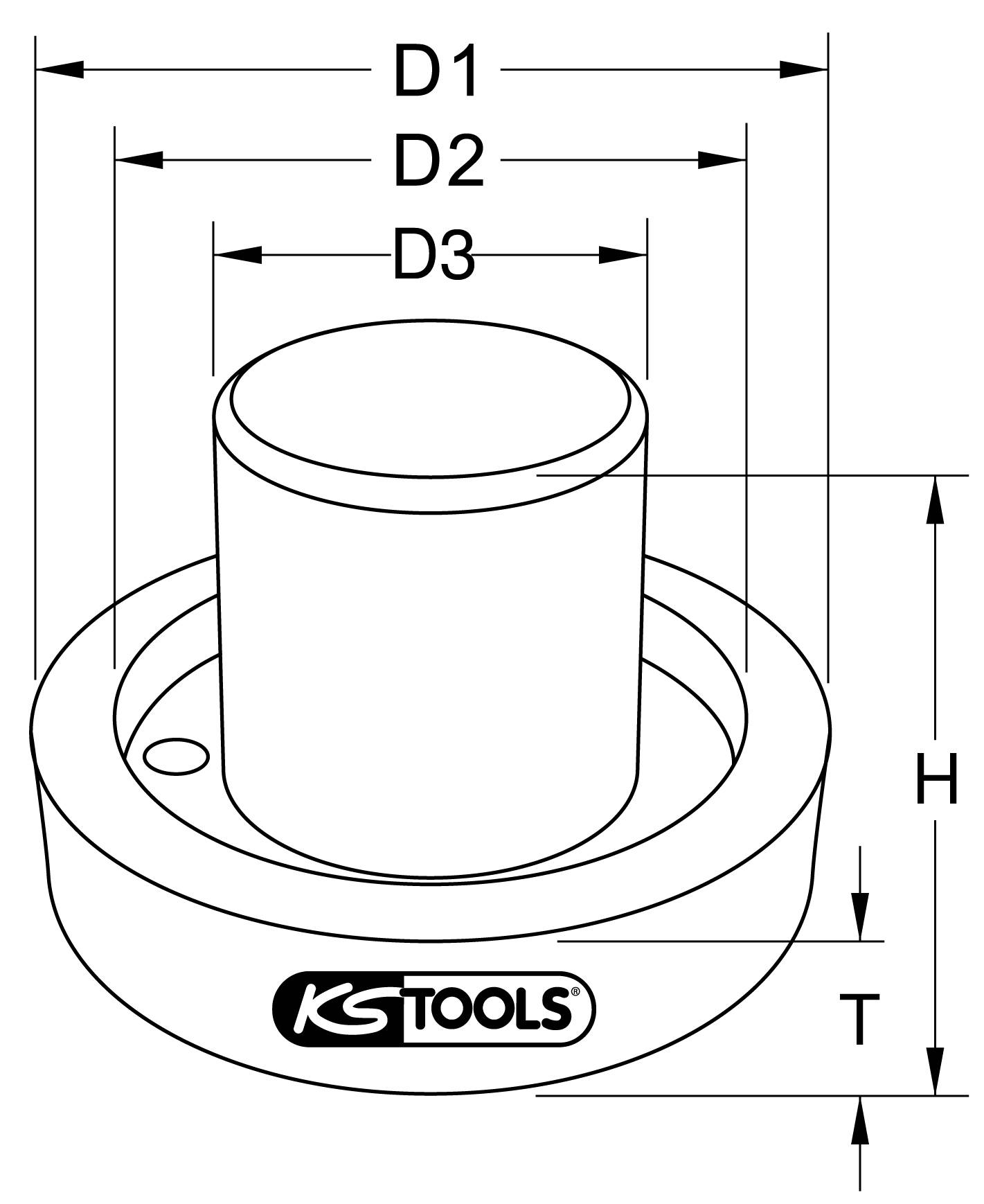 Technische Zeichnung eines zylindrischen Werkzeugs mit drei Durchmessern (D1, D2, D3) und zwei Höhen (H, T), Marke 'KS Tools'.