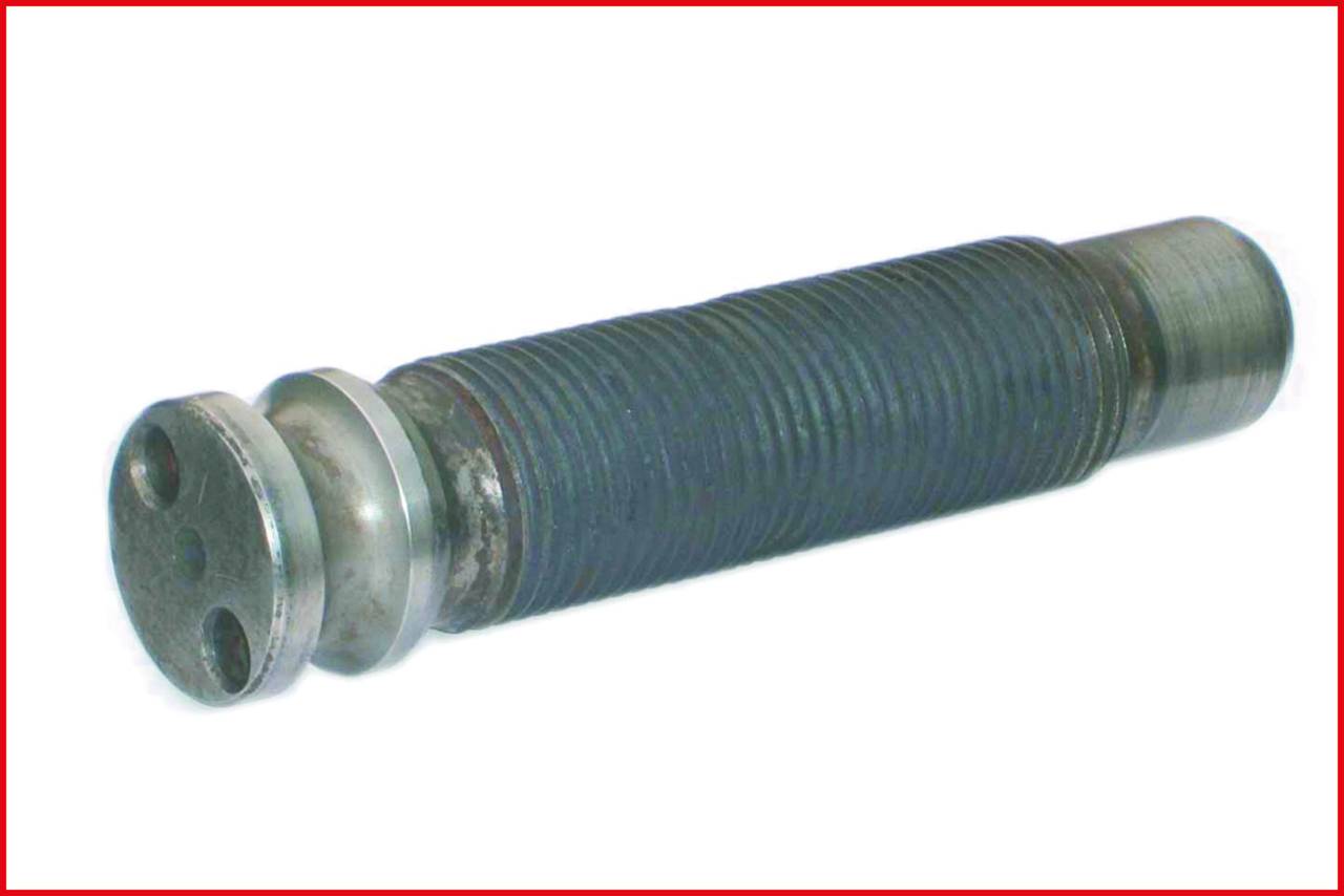 Ein Metallstab mit Gewinde und zwei Löchern an einem Ende, auf weißem Hintergrund und umrandet von einem roten Rahmen.