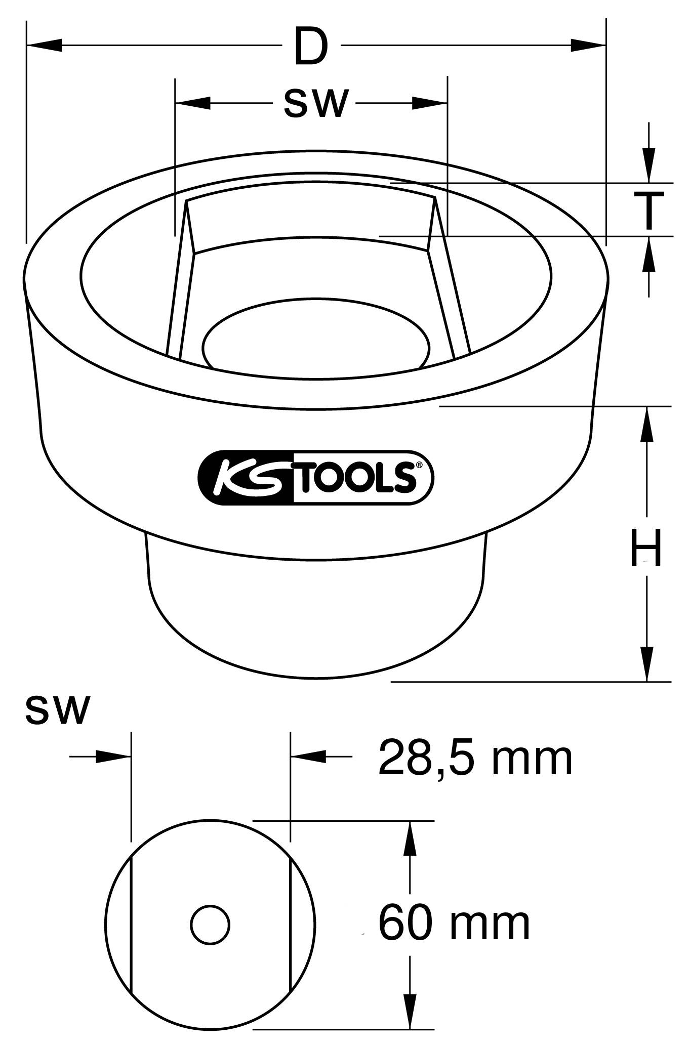 Technische Zeichnung eines Werkzeugs von KS Tools mit Maßen: Außendurchmesser 60 mm, Höhe 28,5 mm. Diagramm zeigt Querschnitt und Oberansicht.