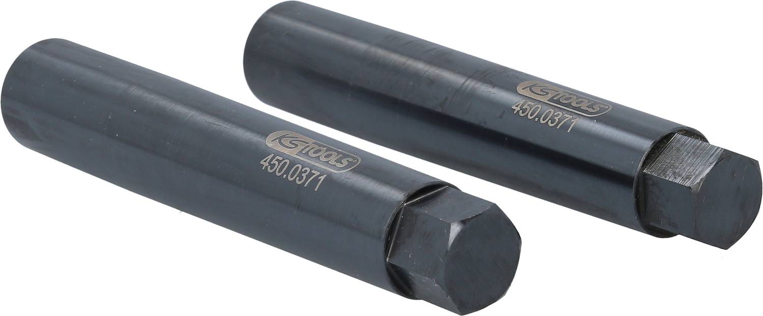 Zwei schwarze Metallsechskant-Aufsteckstücke mit der Aufschrift 'KS Tools 450.0371', wahrscheinlich Werkzeugaufsätze.
