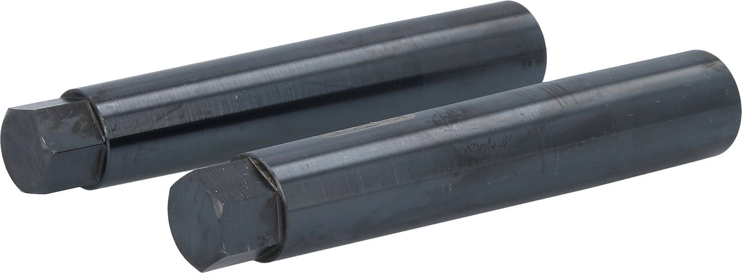 Zwei schwarze, zylindrische Metallstifte mit abgeflachten Enden liegen parallel auf einer weißen Fläche.