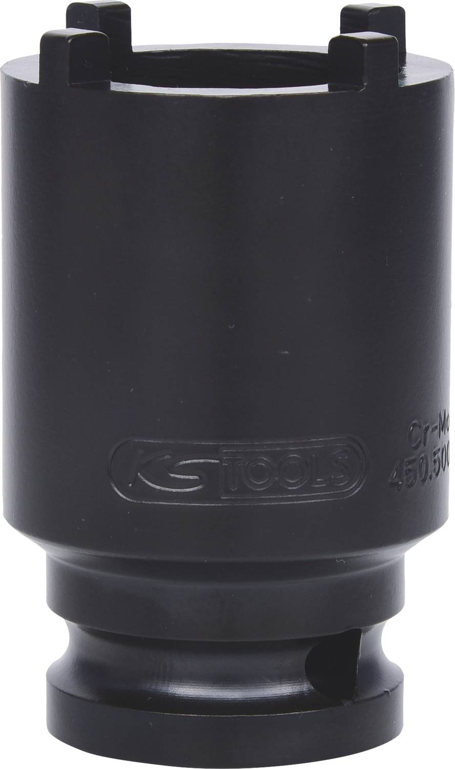 'Schwarzer Steckschlüsseleinsatz mit vier Nuten, geeignet für 1000 Newtonmeter Anwendung. Seitenansicht mit sichtbarem Markenlogo.'