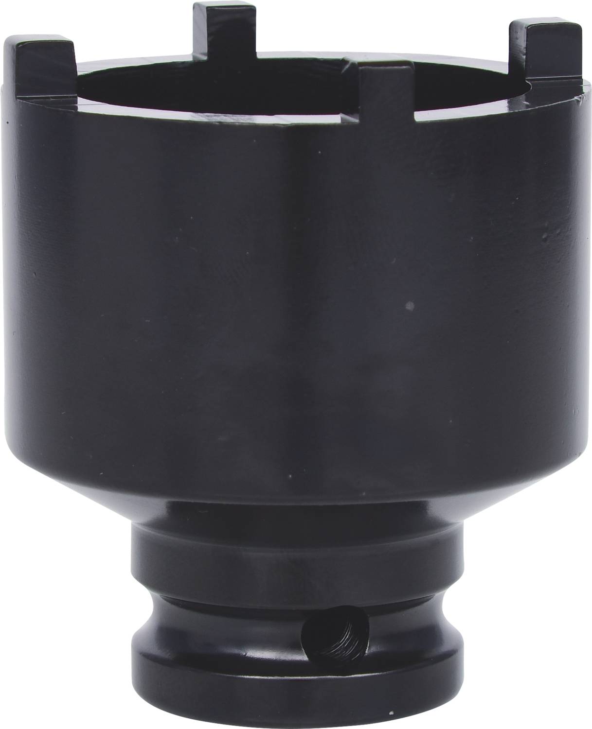 Ein schwarzes Metallwerkzeug in zylindrischer Form, oben offen mit gleichmäßig verteilten Einkerbungen, wahrscheinlich für technische Anwendungen.