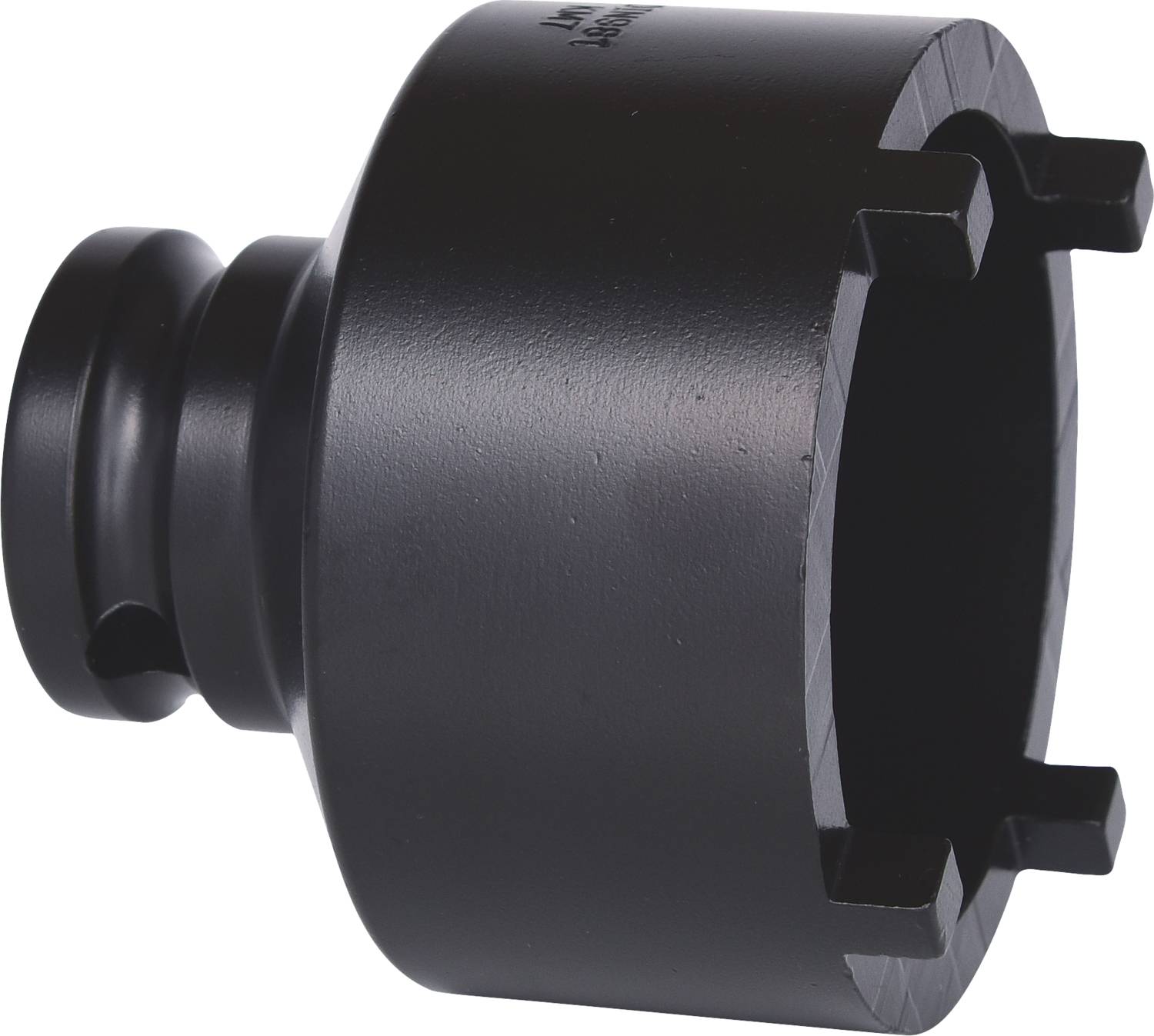 Ein schwarzes Metallwerkzeug mit runden und gezackten Kanten, vermutlich ein spezieller Steckschlüssel für Kfz-Reparaturen.