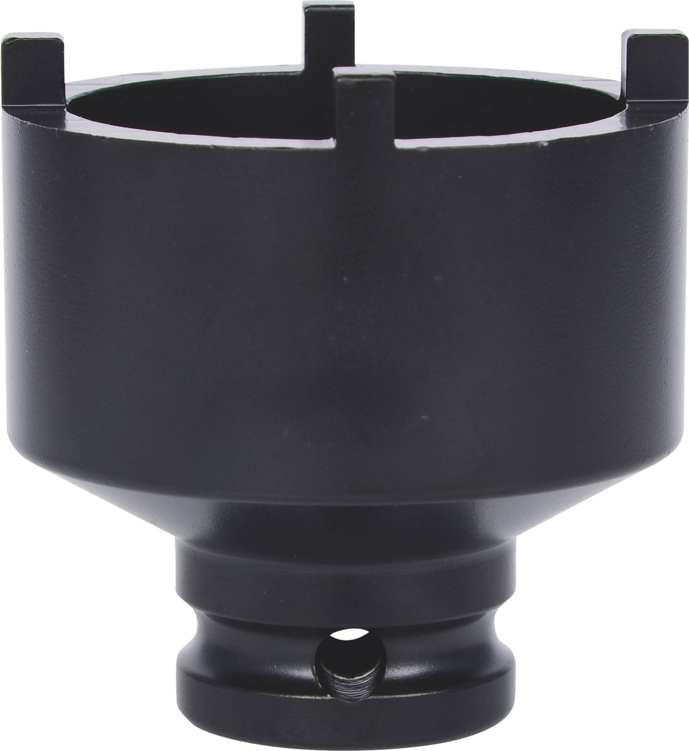 Schwarzes zylindrisches Metallteil mit vier Einkerbungen am oberen Rand und Loch am unteren Ende.