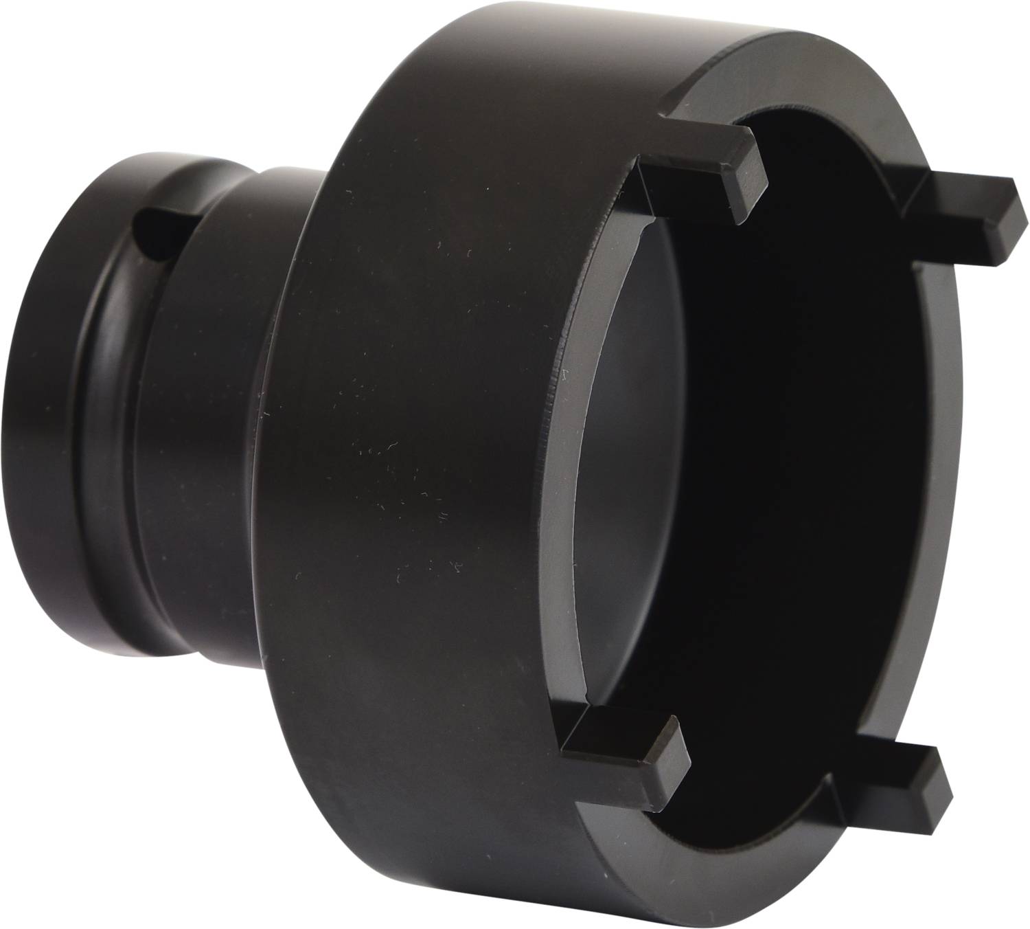 Schwarzer, zylindrischer Adapter mit vier Haken am breiten Ende, genutzt für technische oder mechanische Verbindungen.