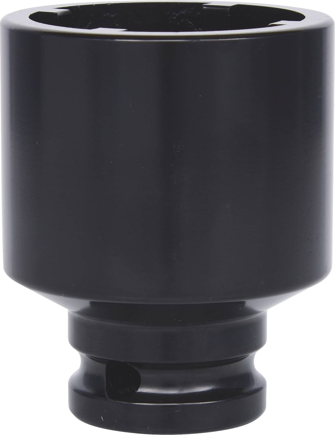 Ein schwarzer, zylindrischer Adapter mit einem breiten, hohlen oberen Teil und einem schmaleren, massiven unteren Teil.