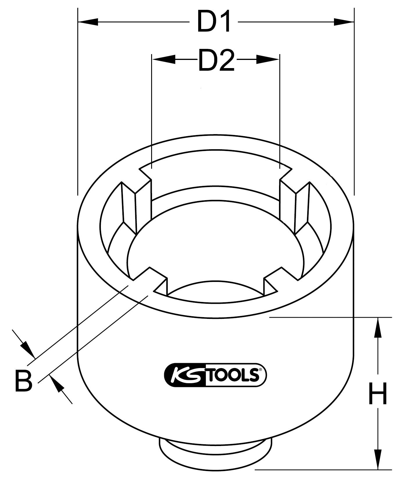 'Technische Zeichnung einer Stecknuss von KS Tools mit Maßen D1, D2, B und H.'