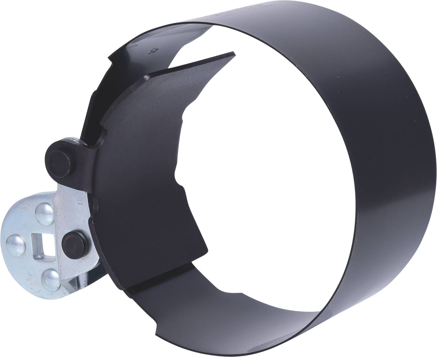 Abgasrohrschelle aus Metall mit Schraubmechanismus, schwarz beschichtet, zur Befestigung von Rohren in Abgasanlagen.