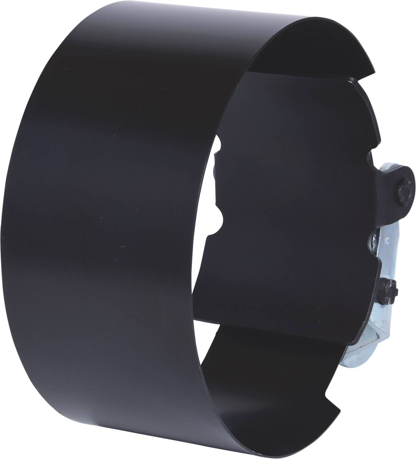 Ein schwarzes, zylindrisches Metallstück, das teilweise offen ist. Es sieht aus wie eine Halterung oder ein Schutzblech.
