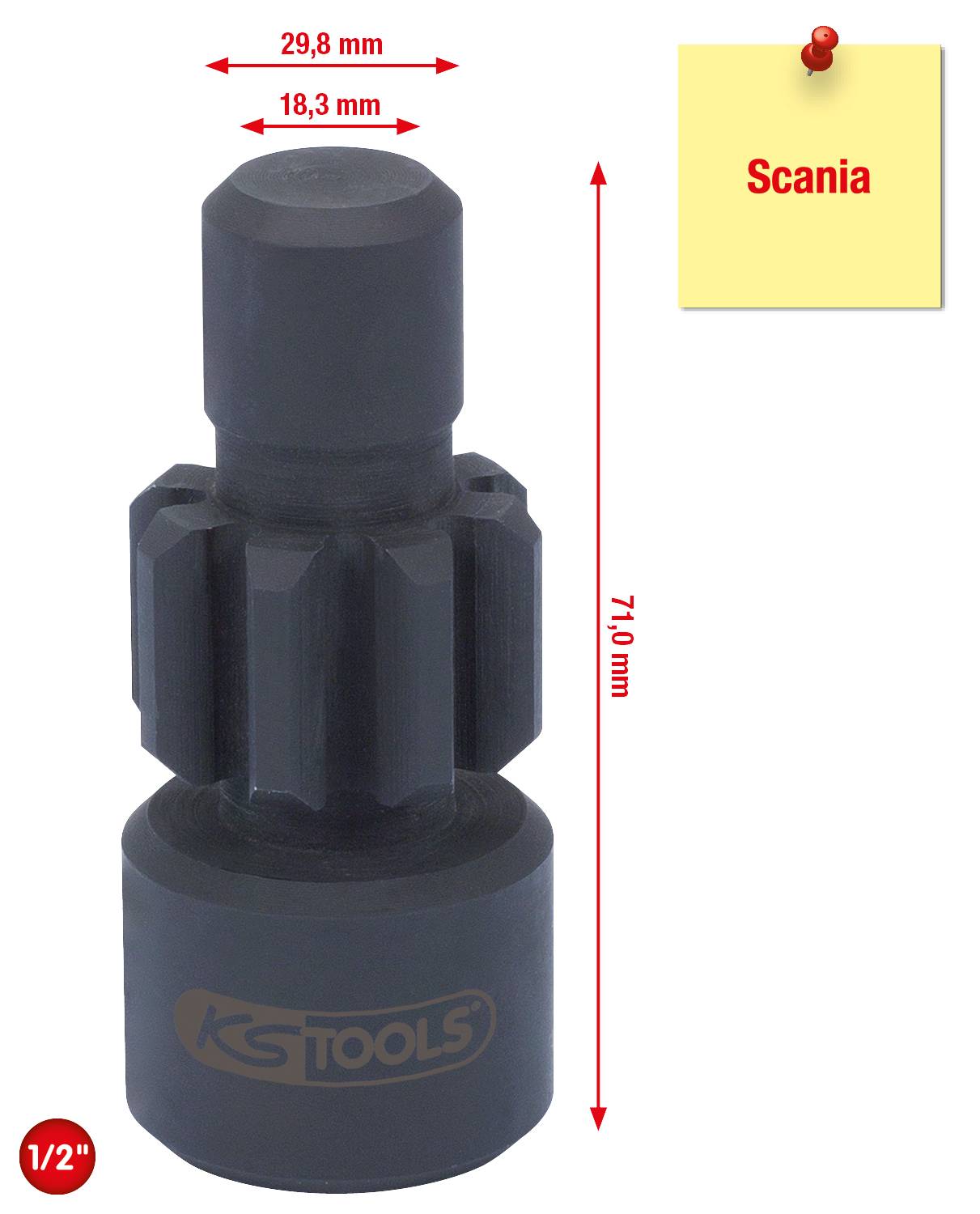Eine schwarze Stecknuss mit den Maßen 29,8 mm und 71,0 mm, durch einen roten Pfeil hervorgehoben. Gelber Hinweis zeigt 'Scania'.