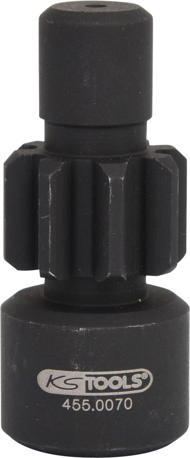 'KG Tools Zahnriemen-Werkzeug 455.0070' aus schwarzem Metall, mit zahnartigem Mittelteil, vor weißem Hintergrund.