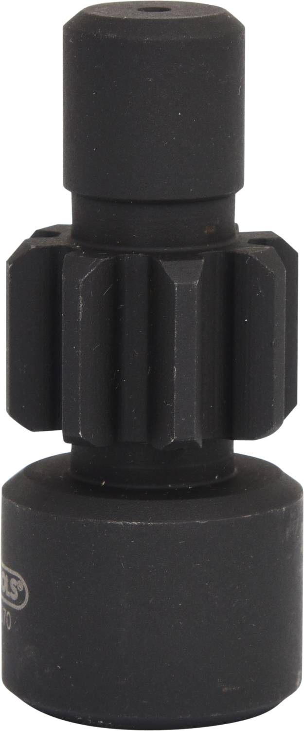 Ein schwarzes mechanisches Bauteil mit zylindrischen und gerippten Elementen, möglicherweise Teil eines größeren Maschinensystems.