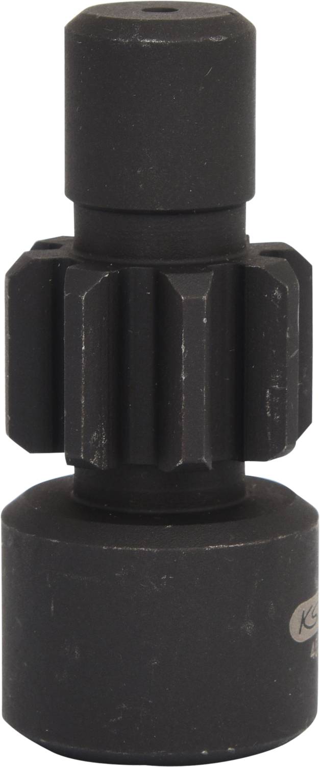 Ein schwarzes, zylinderförmiges mechanisches Bauteil mit geripptem Mittelteil, das Teil einer Maschine oder eines Werkzeugs sein könnte.