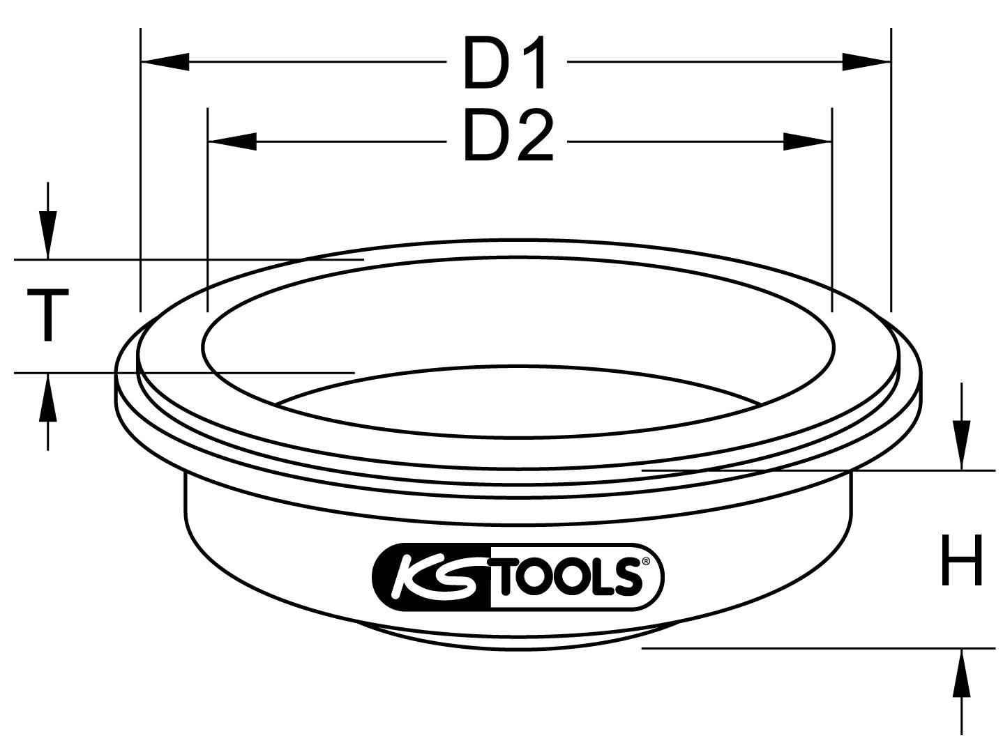 Technische Zeichnung eines Messingadapters mit den Maßen D1, D2, T und H. Das Logo 'KS TOOLS' ist unterhalb des Adapters sichtbar.