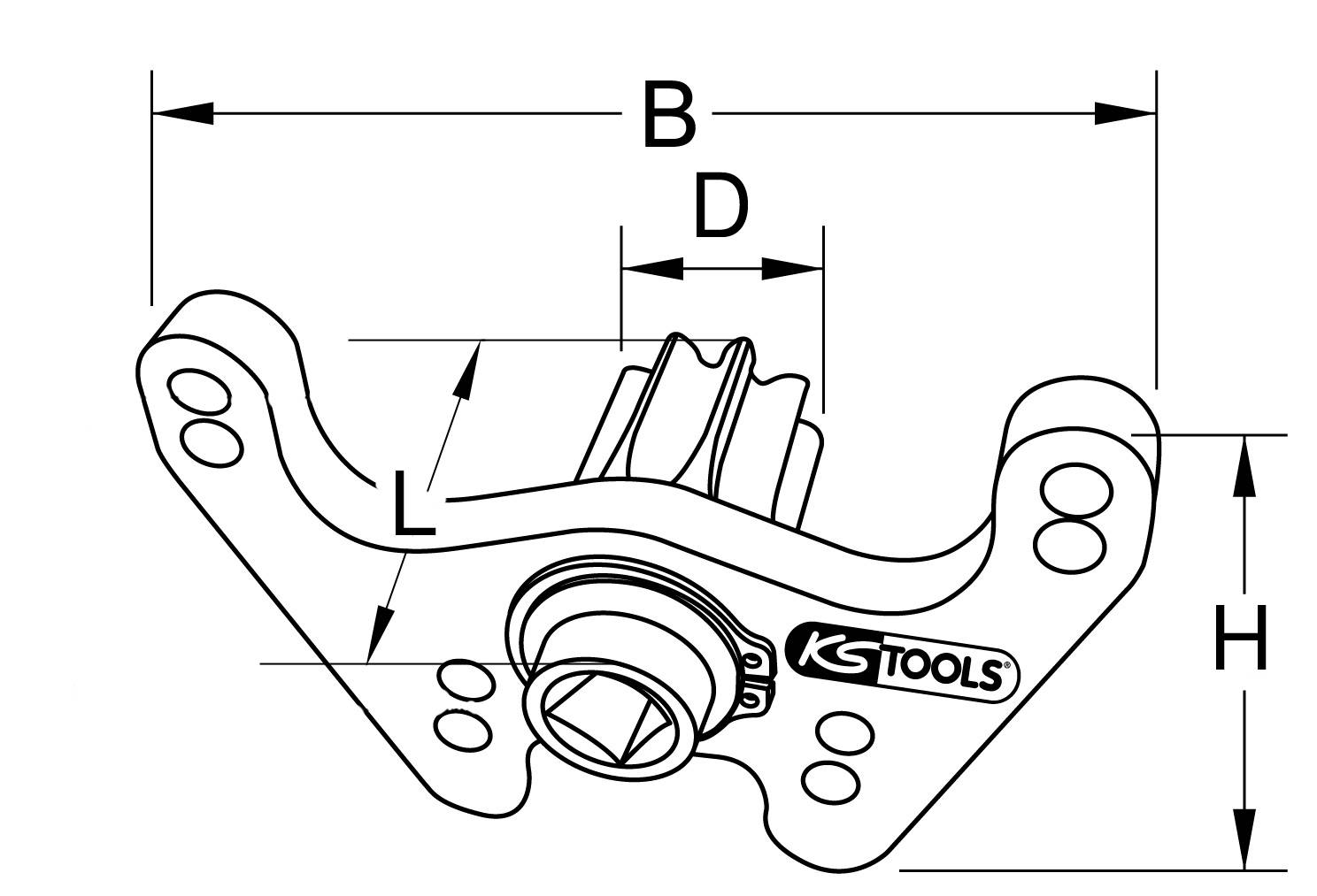 'Technische Zeichnung eines KS Tools Bauteils mit Angaben zu Breite (B), Höhe (H), Tiefe (D) und Länge (L).'