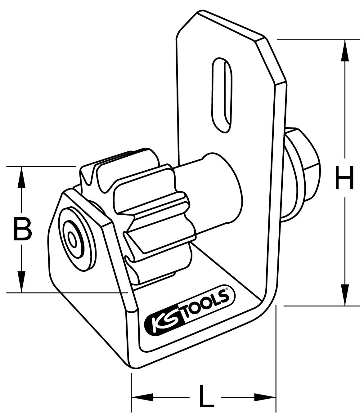 Strichzeichnung eines Werkzeughalters mit den Abmessungen L, B, und H, und dem Logo 'KS Tools' sichtbar an der Seite.