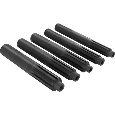 Fünf schwarze, zylindrische Metallteile, parallel zueinander angeordnet, mit gerillten Oberflächen.