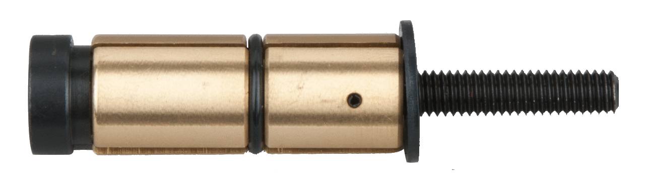 Ein seitlich fotografierter metallischer, zylindrischer Bolzen mit schwarzem Gewinde auf der rechten Seite.