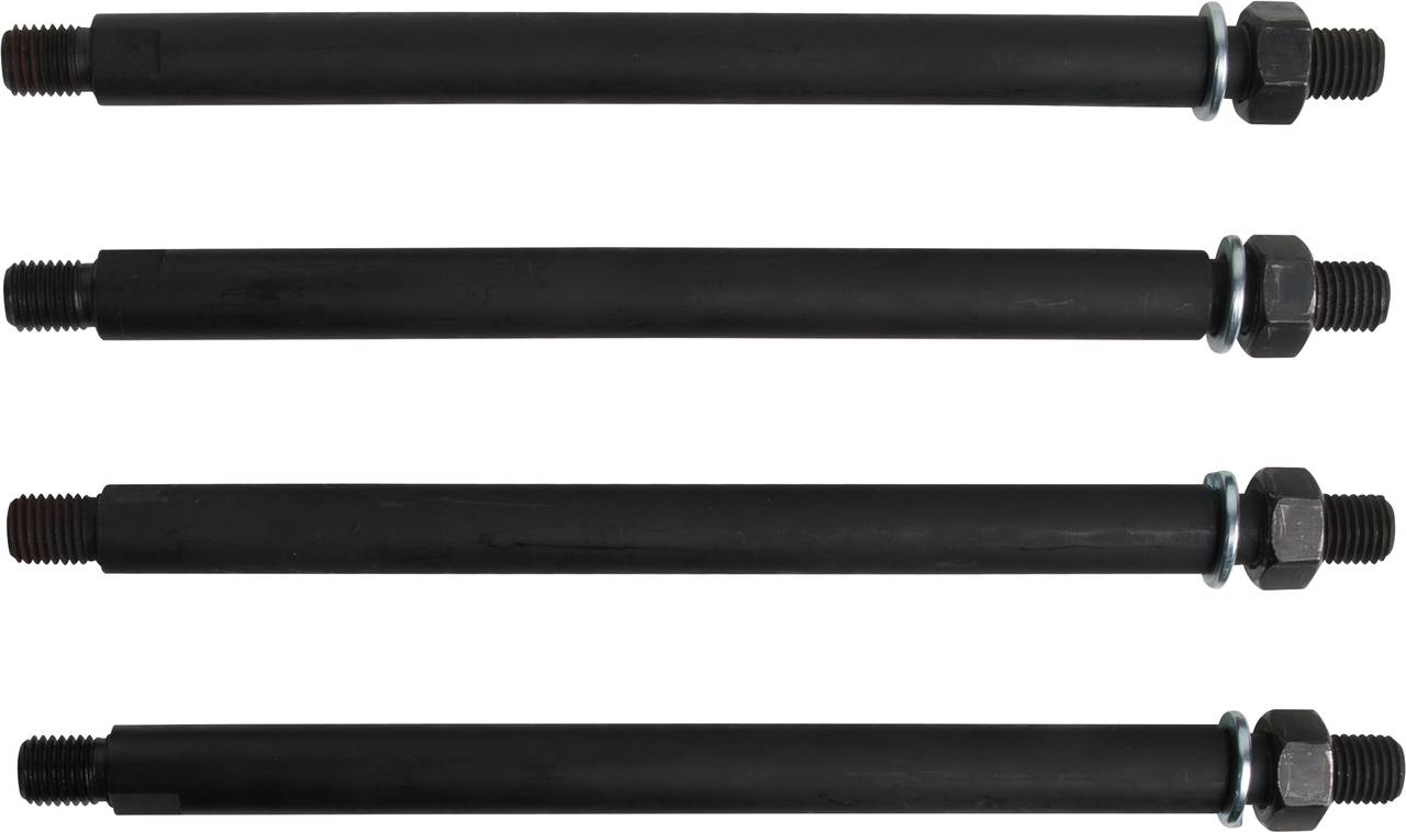 Vier schwarze, zylindrische Metallstangen nebeneinander, jeweils mit Schraubengewinden an beiden Enden.