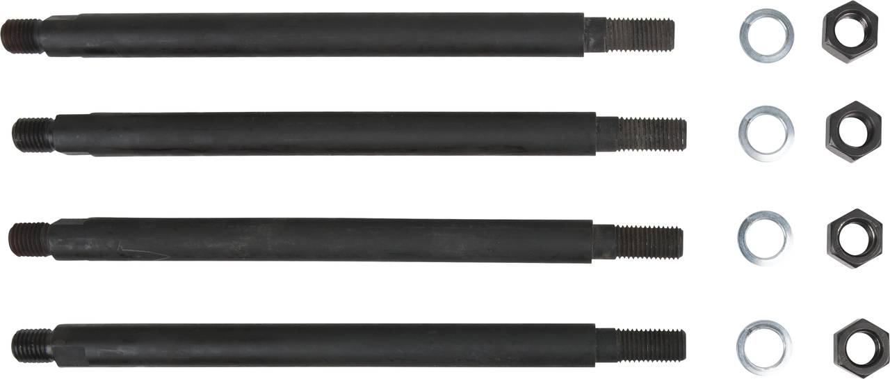 Vier schwarze Gewindestangen mit passenden Muttern und Unterlegscheiben, parallel zueinander angeordnet. Geeignet für mechanische Anwendungen.