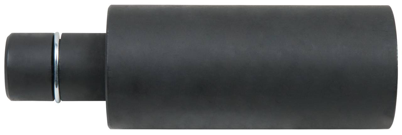 Schwarzer gasdämpferzylinder mit abgesetztem Metallring, vermutlich Teil eines Stuhls oder Möbelstücks zur Höhenverstellung.