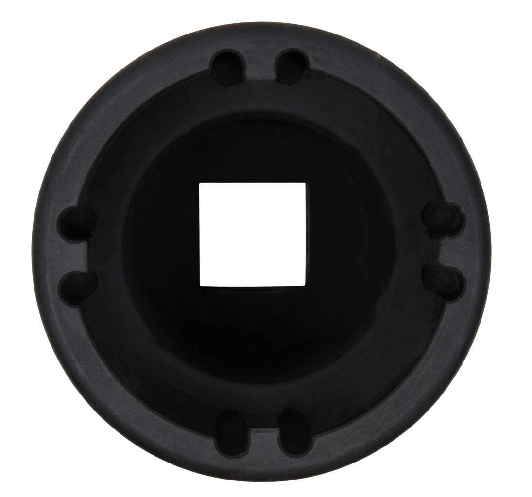 Eine schwarze, runde Gummiabdeckung mit quadratischem Loch in der Mitte.