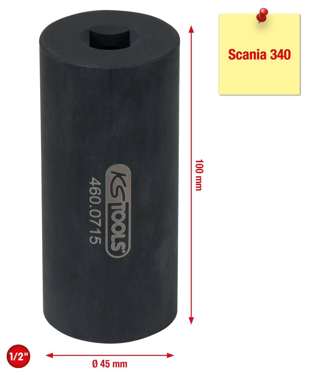 'Spezialsteckschlüssel von KS Tools, 100 mm hoch, Ø 45 mm, 1/2 Zoll, für Scania 340. Schwarzes, zylindrisches Werkzeug mit Logo.'