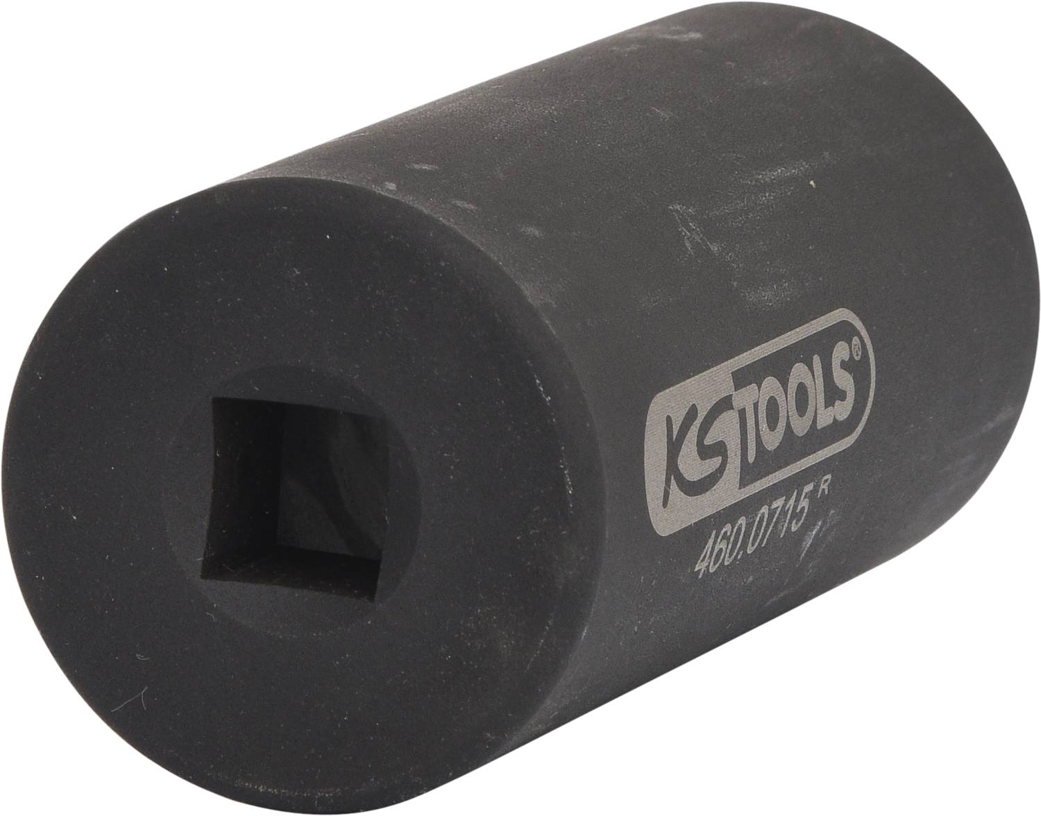 Ein schwarzer Steckschlüsselsatzaufsatz mit quadratischer Öffnung. Aufschrift: 'KS TOOLS'. Werkzeug zur Anwendung an Schrauben.