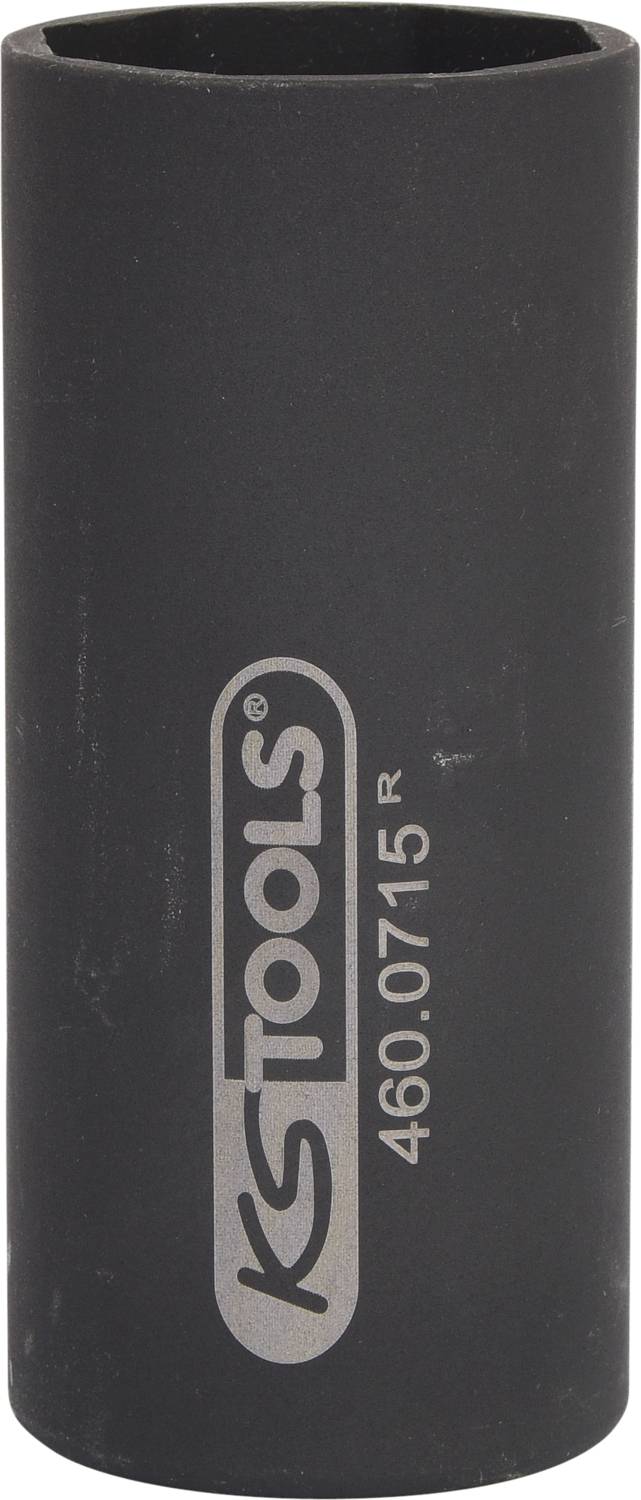 'KS Tools 460.0715 R' steht auf einer schwarzen langen Stecknuss, vermutlich für professionelle Werkzeuge verwendet.