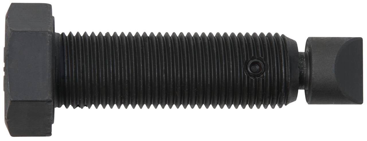 Nahaufnahme einer Metallschraube mit sechseckigem Kopf und Gewinde, horizontal ausgerichtet auf weißem Hintergrund.