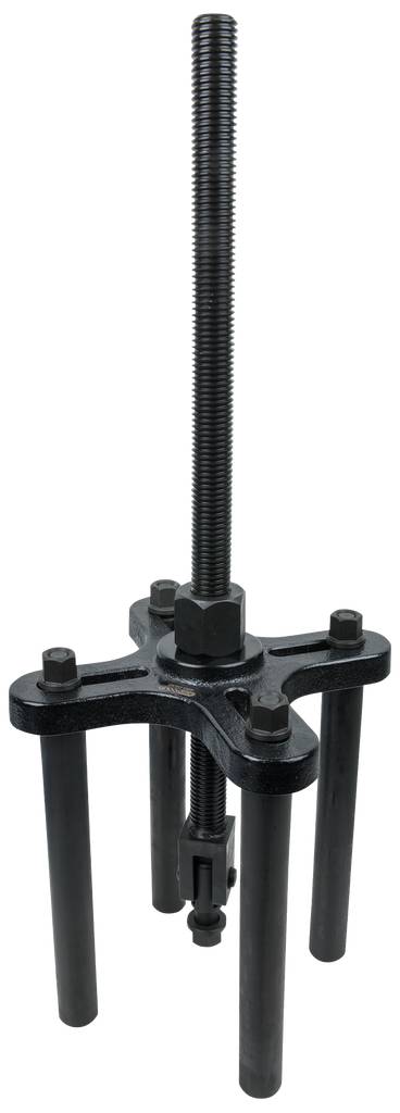 Ein schwarzer Abzieher mit vier Beinen und einer zentralen Schraube zur mechanischen Entfernung oder Befestigung von Teilen.