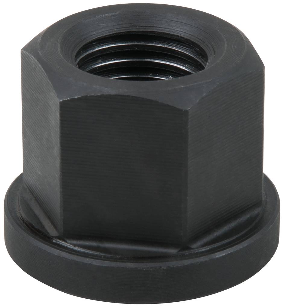 Eine schwarze Sechskantmutter mit Innengewinde und breitem Rand, steht aufrecht. Sie dient zum Sichern von Schrauben oder Bolzen.