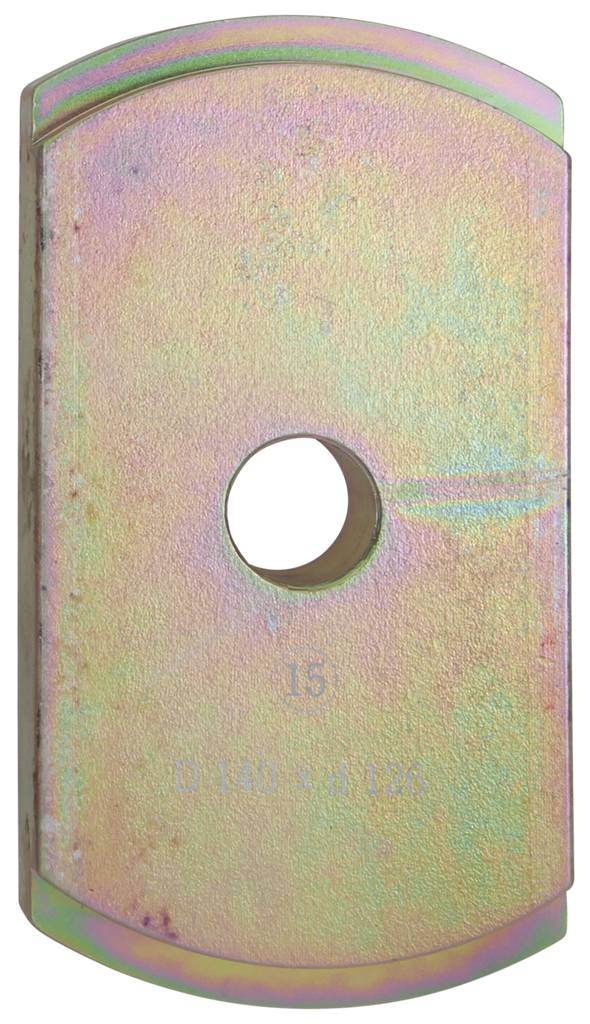 Metallplatte in Rechteckform mit abgerundeten Ecken und einem Loch in der Mitte. Die Oberfläche hat einen regenbogenartigen Schimmer.